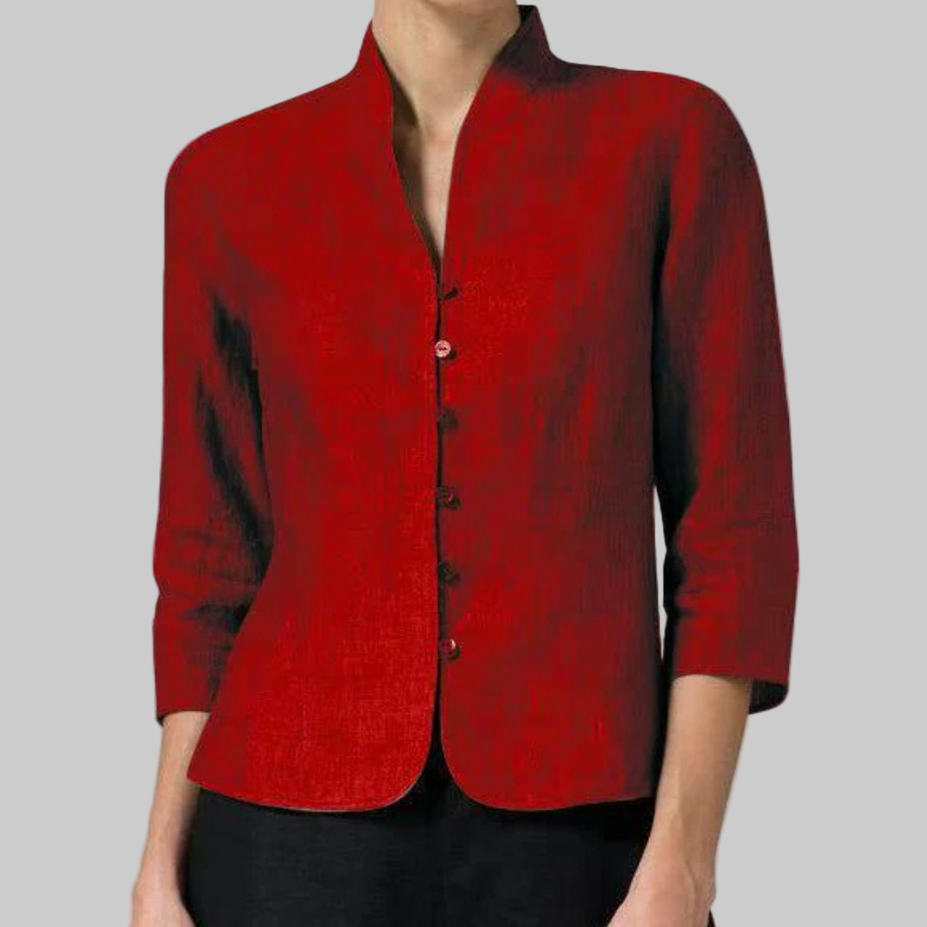 Elegant women's stand-collar blouse with delicate button-front and 3/4 sleeves, a versatile dressy top.