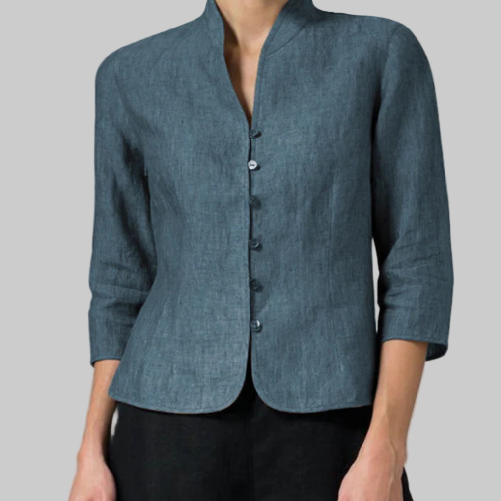 Stylish women's stand-collar blouse, button-front, 3/4 sleeves. Chic and versatile for casual or work.