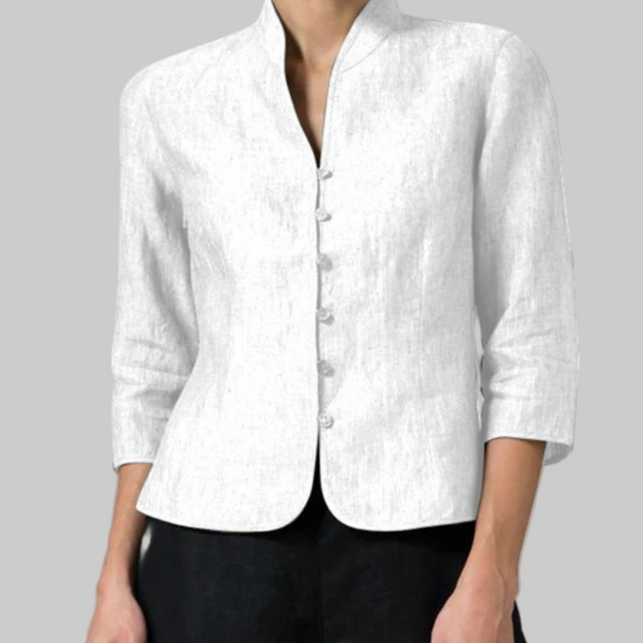 Versatile women's stand-collar blouse with three-quarter sleeves & button front. Ideal for work, casual, or dressy.