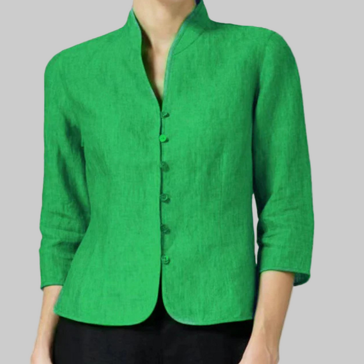 Women's elegant stand-collar blouse featuring three-quarter sleeves, button-front, and chic details for everyday wear.