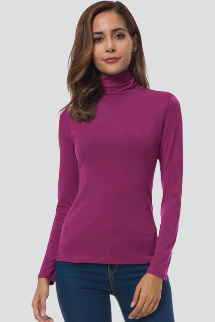 Women's elegant long sleeve turtleneck, a soft plain knit sweater for casual and chic looks.