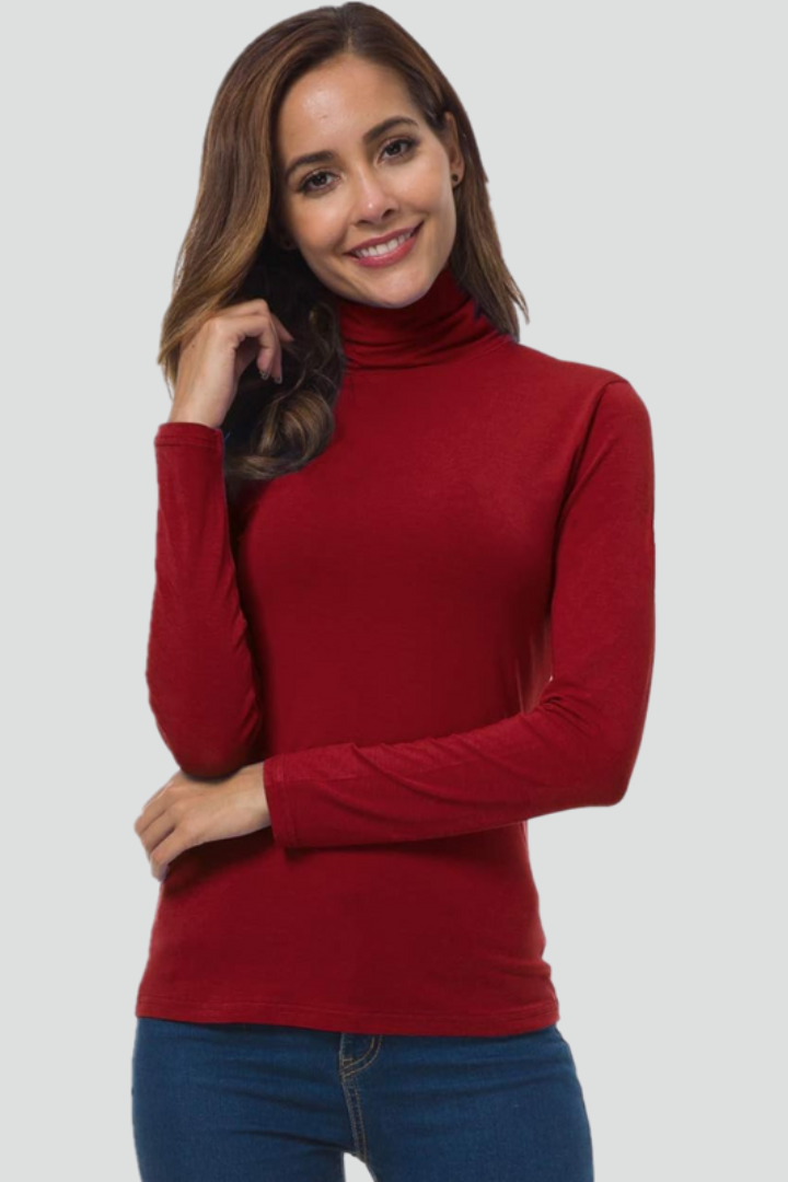 Chic women's plain knit turtleneck sweater, offering warmth and style for cold weather.