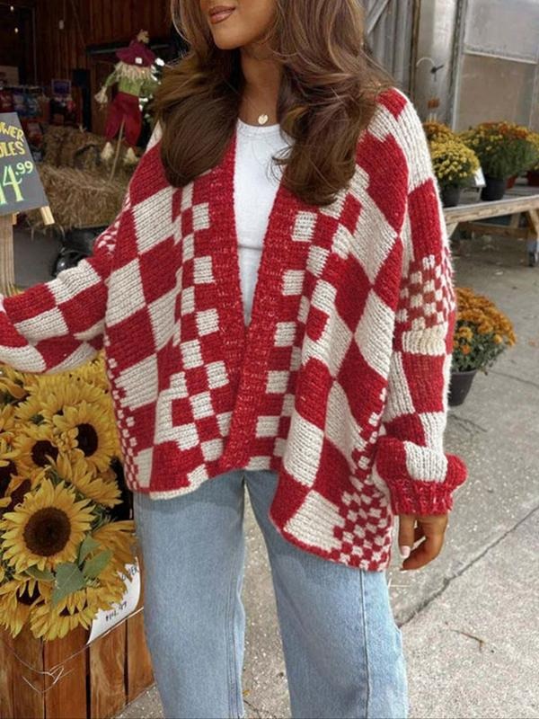 Full view of women's chunky knit check cardigan with draped fit, ideal for casual fall wear
