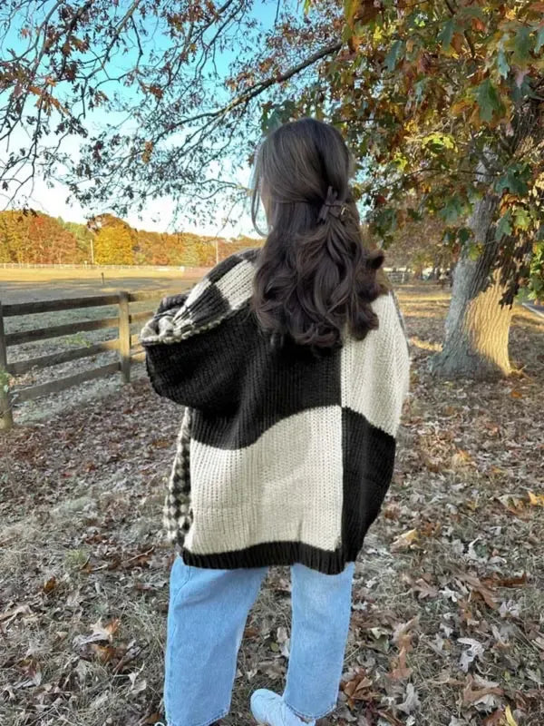 Women's chunky knit check cardigan in a draped, open-front style, comfortable and stylish