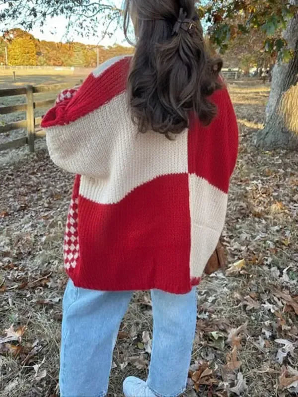 Versatile women's chunky knit check cardigan, perfect for layering during fall and winter