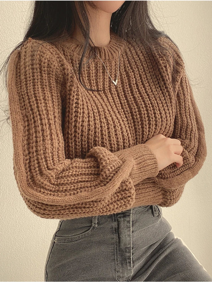 Detailed shot of the unique lantern sleeve design on a women's chunky knit sweater, showing volume