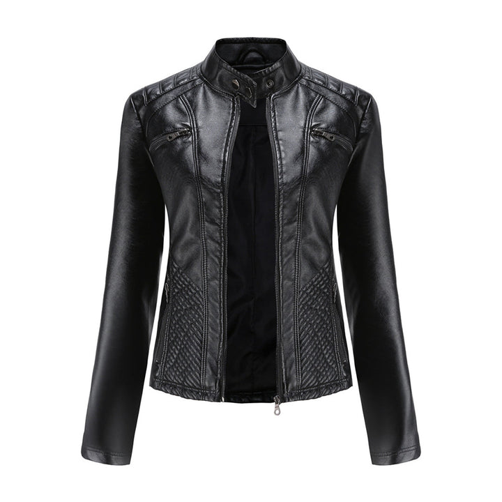 Women's classic black faux leather biker jacket with silver zip and snap buttons, front view.
