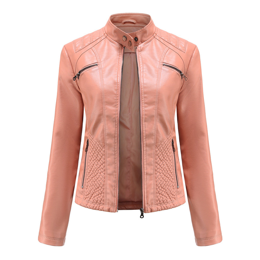 Full shot of a women's faux leather biker jacket, highlighting its timeless design and fit.
