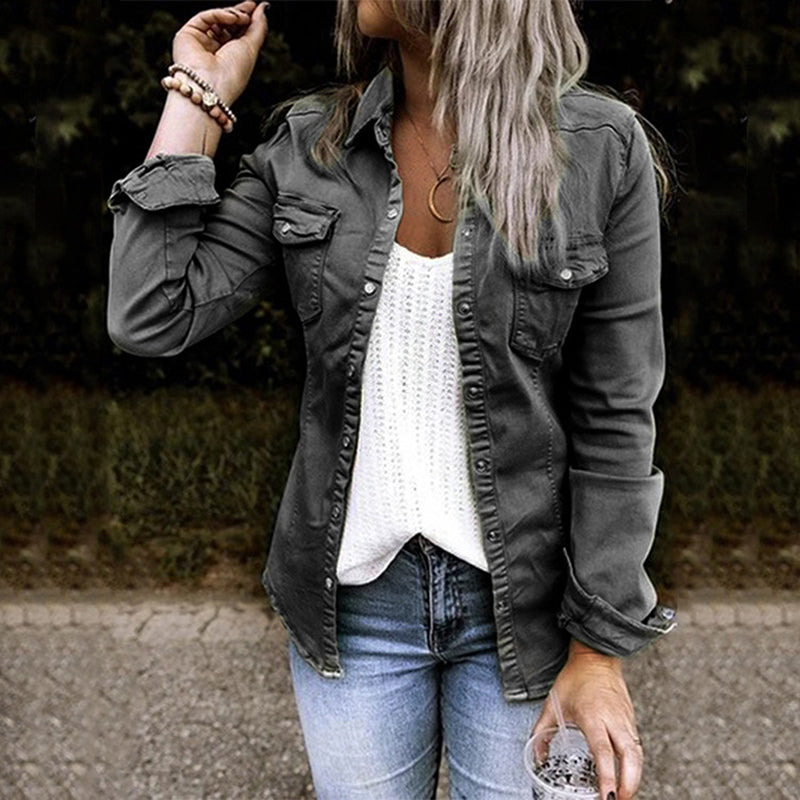 Comfortable women's classic denim jacket. Long sleeve, button-up design, perfect for versatile spring casual wear.