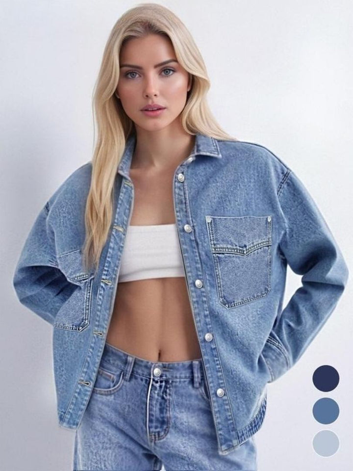 Women's classic lightwash denim jacket, oversized fit, perfect for casual spring fashion.