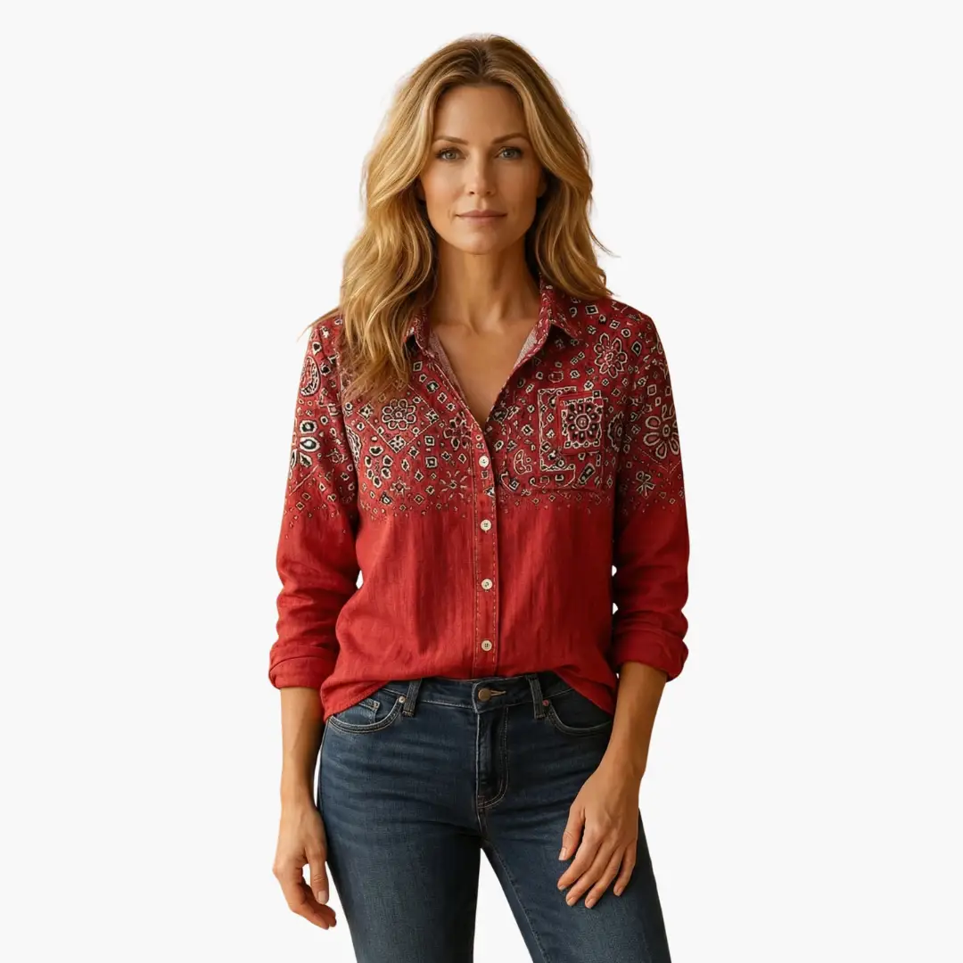 Elegant women's button-down shirt with classic collar, long sleeves, ideal for layering or workwear style.