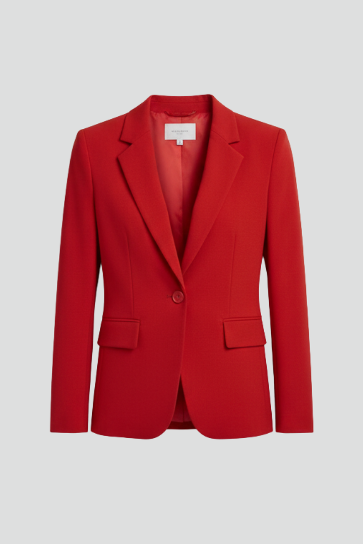 Women's classic red notched lapel single-button blazer. Ideal for professional office wear, formal events, or business casual.