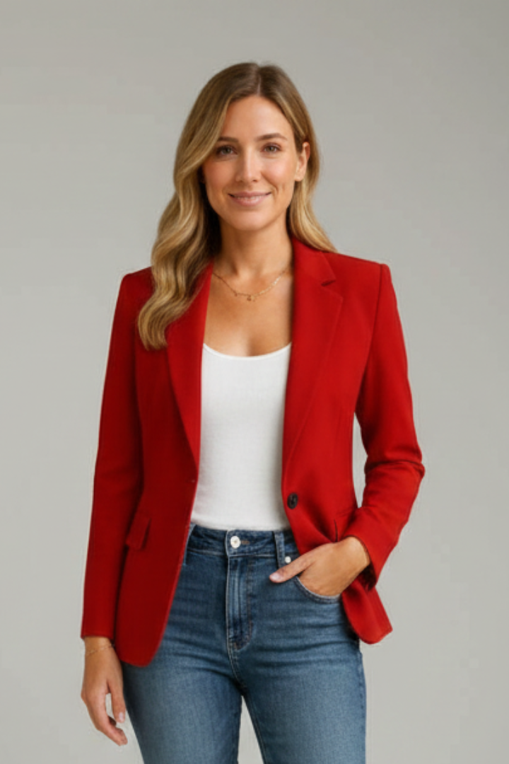 Stylish beige women's tailored blazer with notched lapel & single button. Perfect for professional and business casual looks.