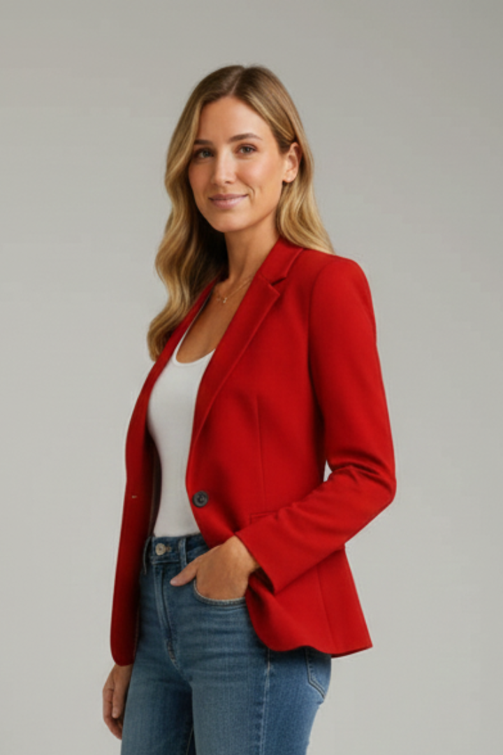Professional blue women's blazer with a notched lapel and single-button closure, great for business and workwear.