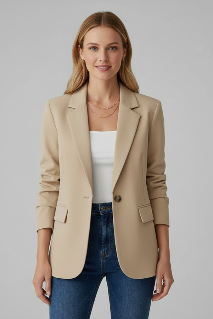 Sophisticated women's tailored blazer, single-button, notched lapel. Elevates any formal or business professional look.