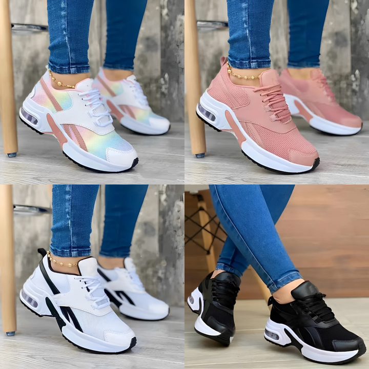 Women's Cloud-Comfort athletic sneakers in white, black or pink. Supportive platform for walking, everyday wear & fashion.