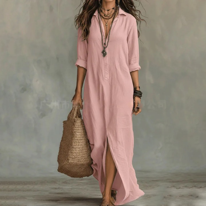 Stylish women's collared button maxi dress with a flattering split hem, great for spring fashion & beach days.