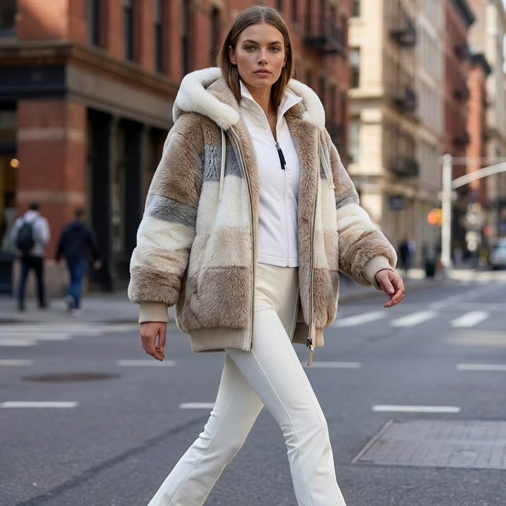 Cozy women's color block winter coat with plush design. Warm hooded outerwear for stylish cold weather fashion.