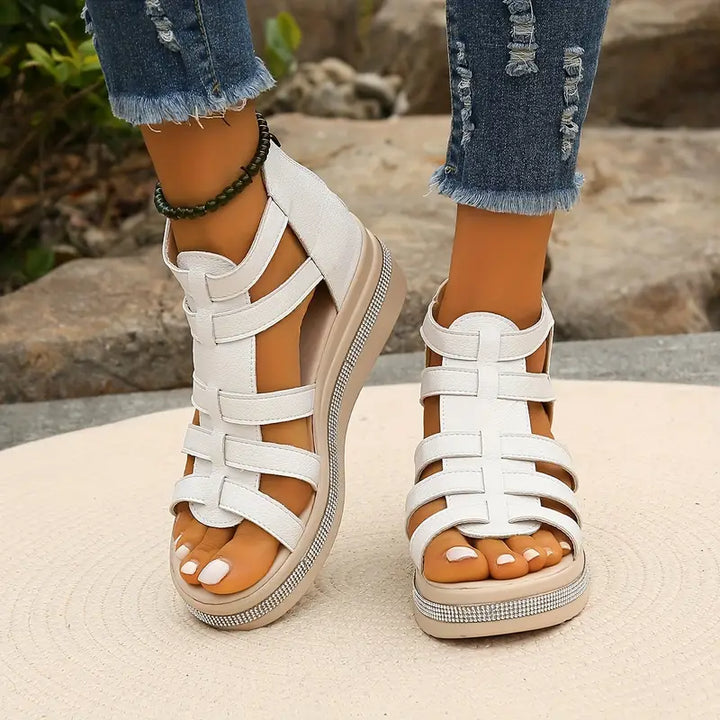 Modern women's fashion sandals with sparkling rhinestones, combining comfort and elegance for summer.
