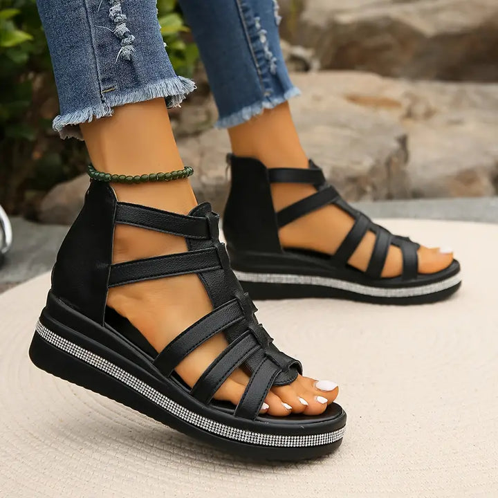 Slip-on women's comfort sandals with elegant rhinestones and orthopedic support for summer.
