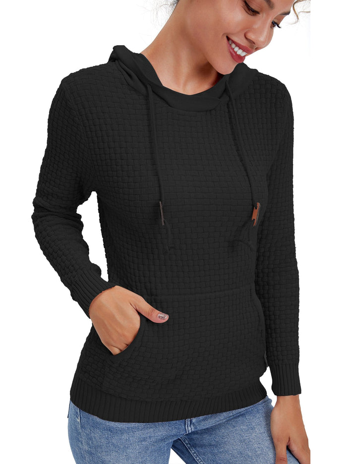 Close-up of the hood and neckline of a women's breathable cotton blend sweatshirt.