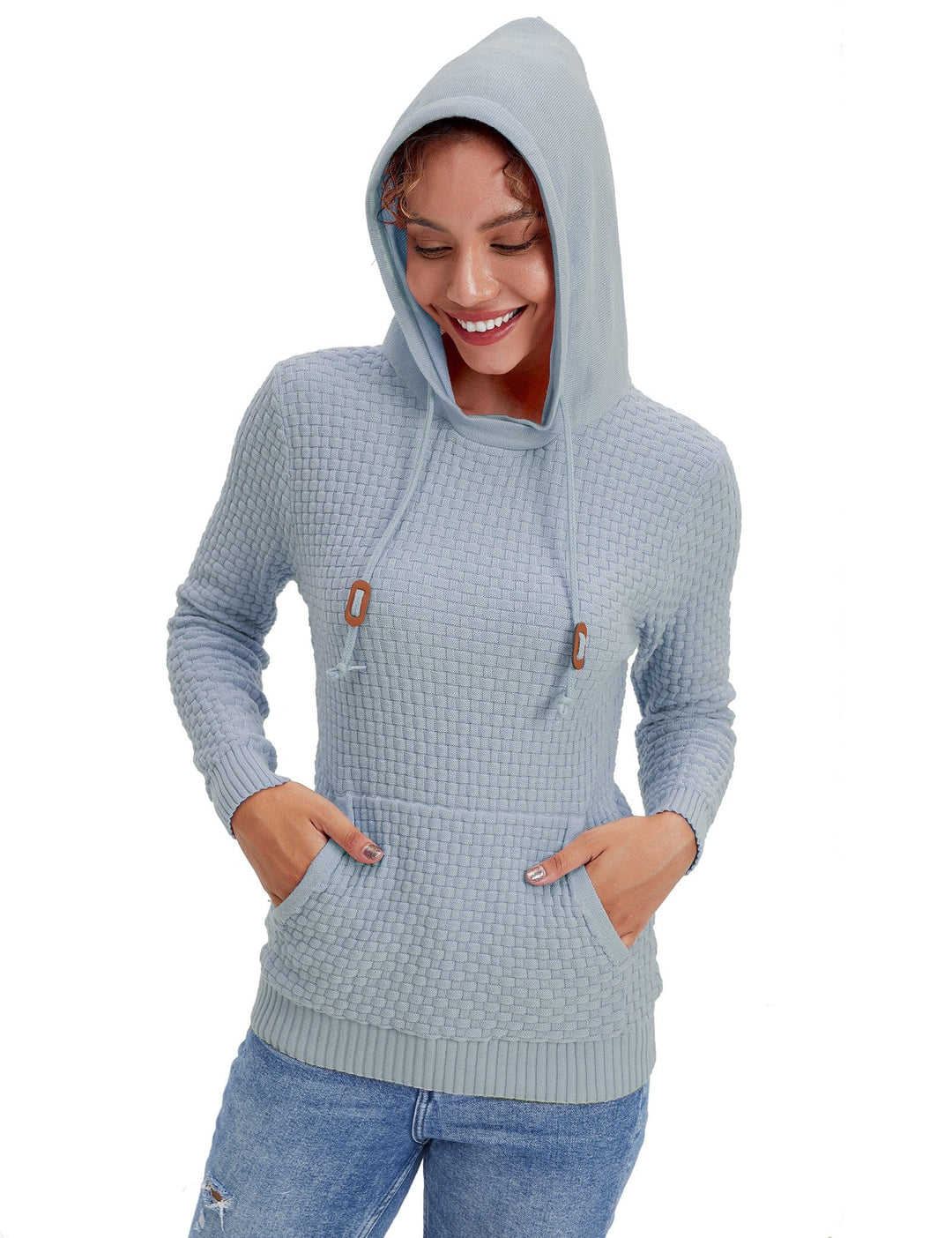 Studio shot of a women's comfortable grey hoodie, emphasizing its clean lines and texture.