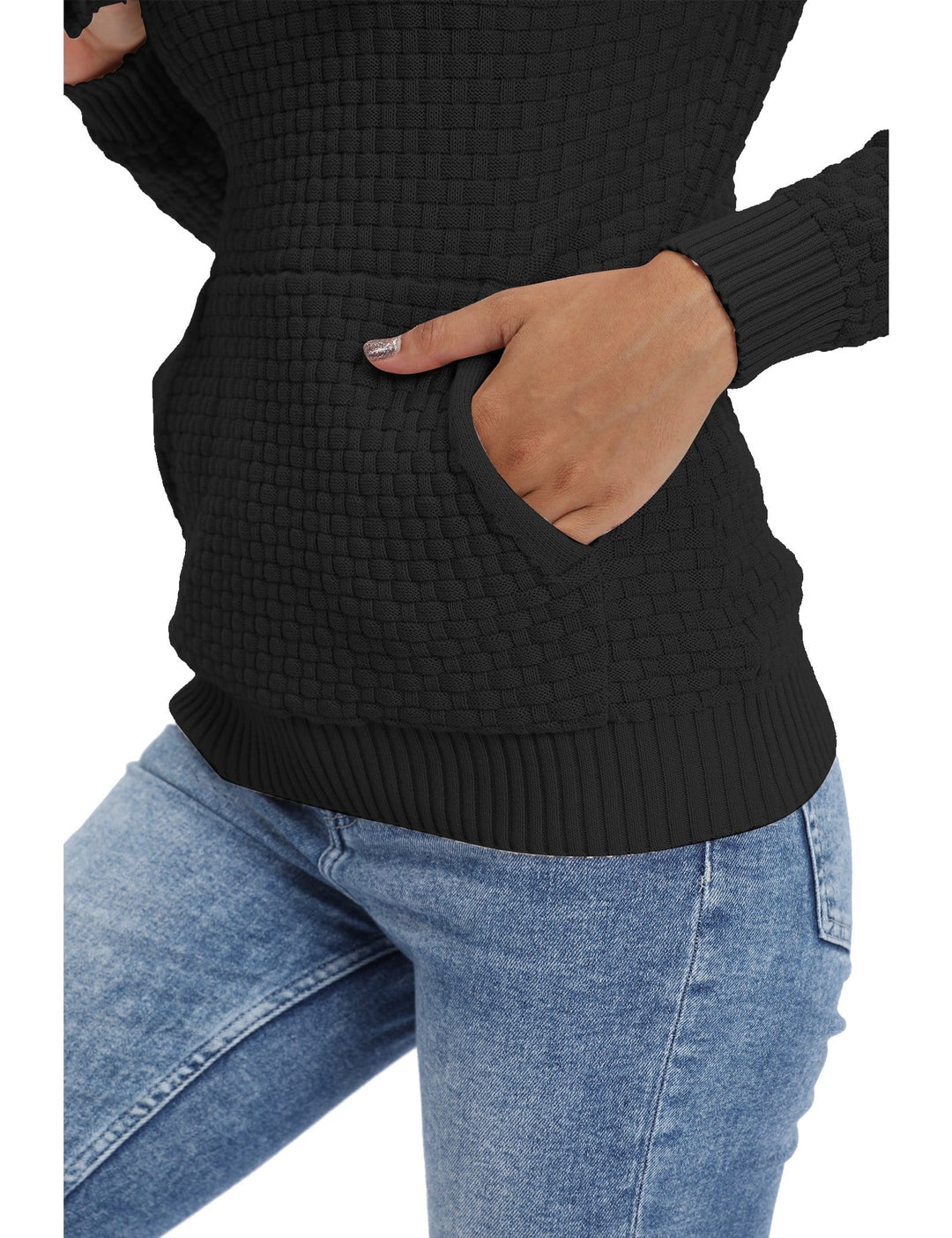 Stylized shot of a women's casual hoodie, paired with jeans for an effortless look.