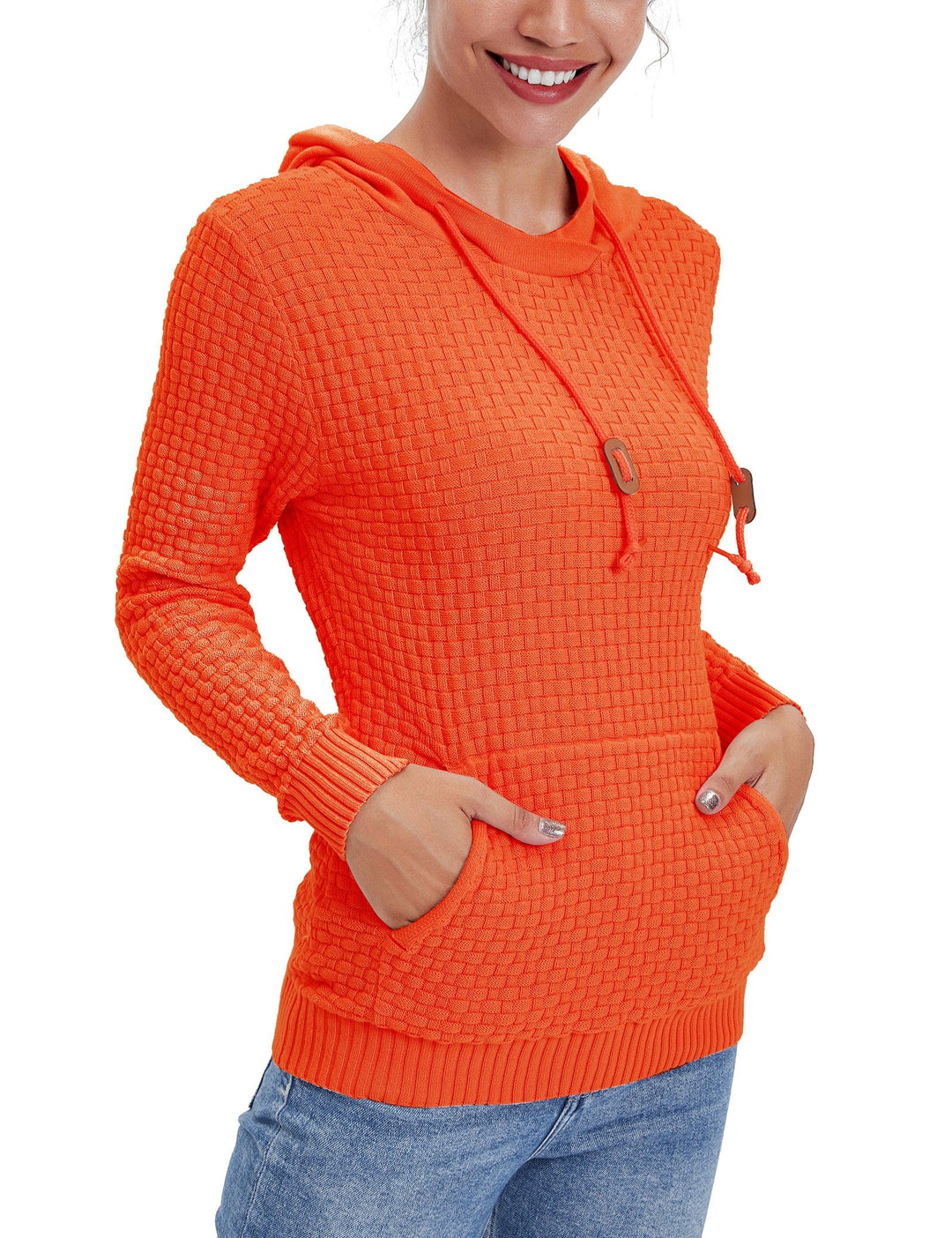 Detailed shot of the stitching on a women's comfortable cotton blend hoodie.