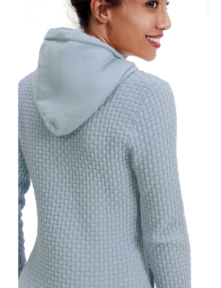 Studio shot of a grey women's hoodie, highlighting its clean construction and fabric quality.
