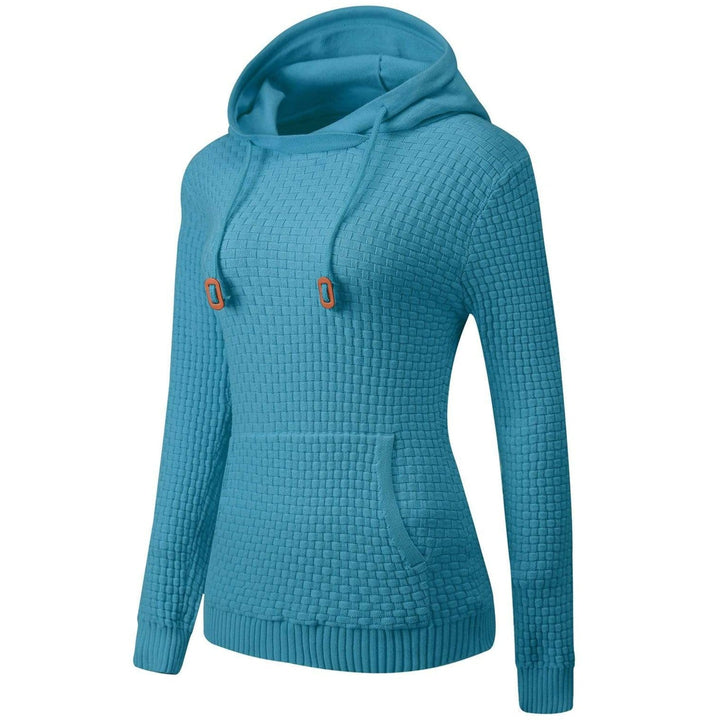 Back view of a women's comfortable grey hoodie, highlighting the smooth unadorned design.