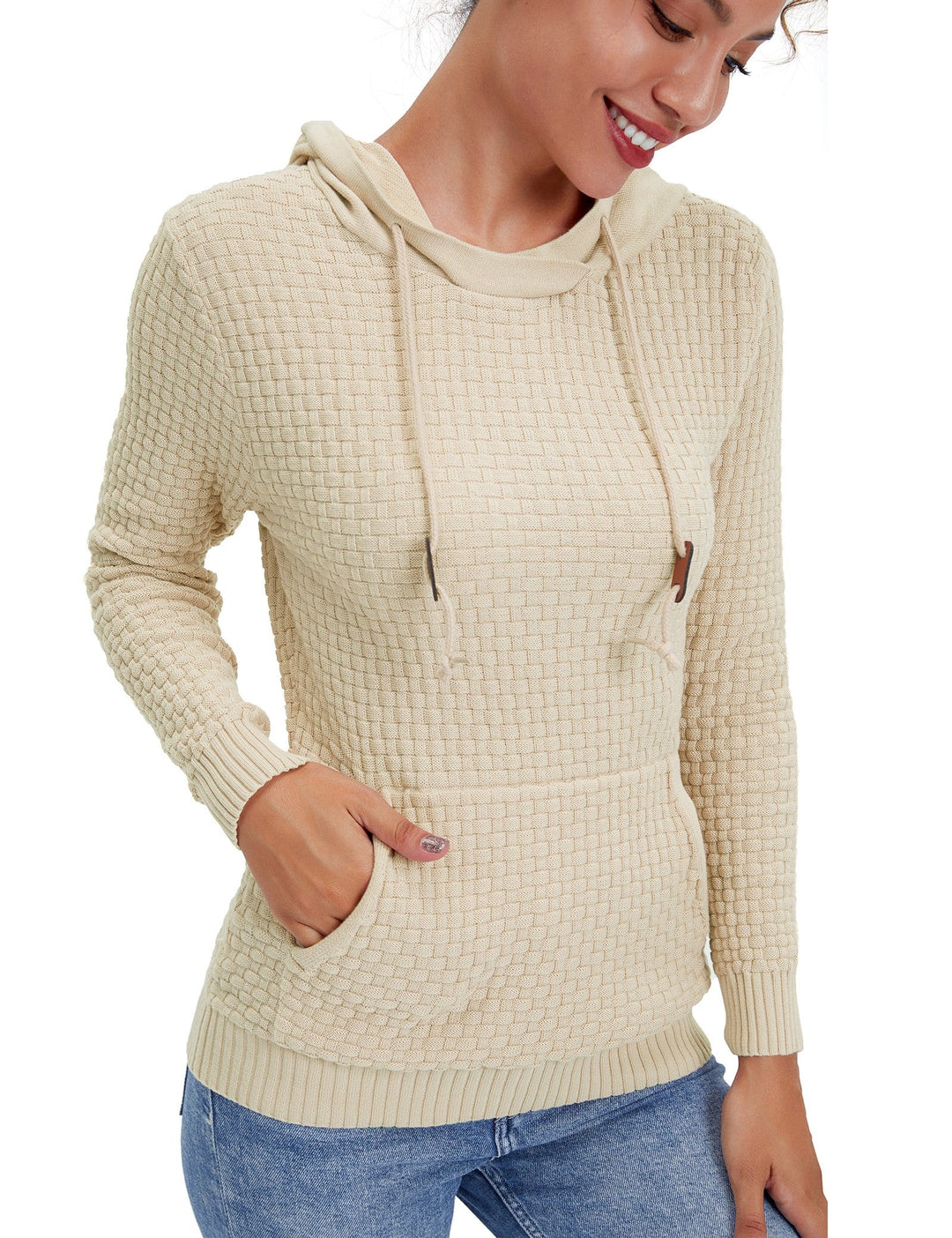 Women's casual hoodie with drawstrings, emphasizing adjustable comfort and modern appeal.