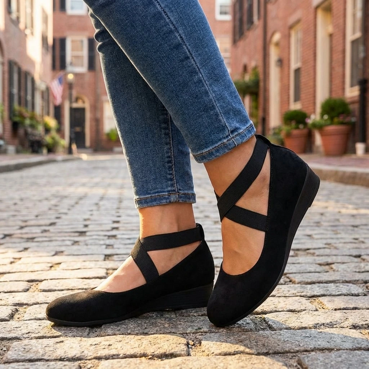Elegant women's closed-toe wedge sandals featuring chic crossover elastic straps; perfect for dress or casual outfits.