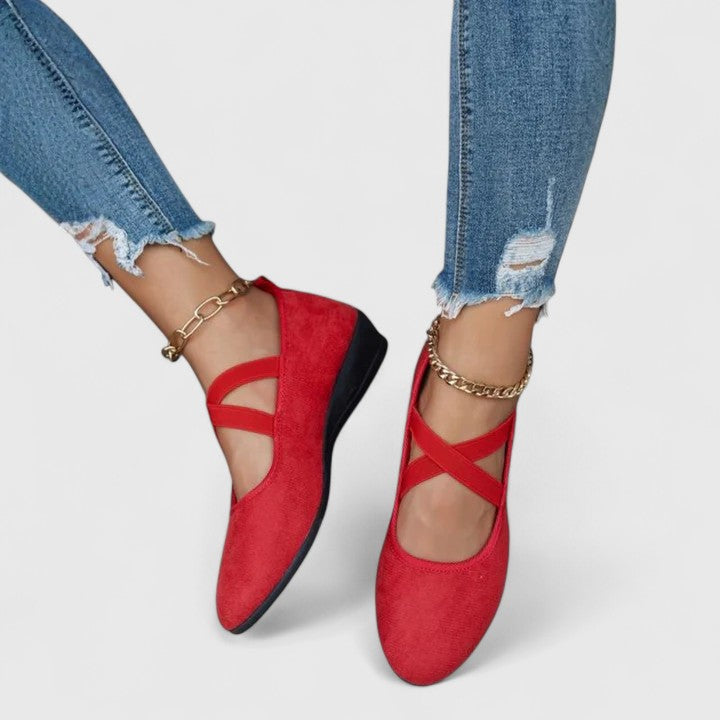 Versatile women's closed-toe wedge sandals with elastic crossover straps; perfect for elegant or casual summer fashion.