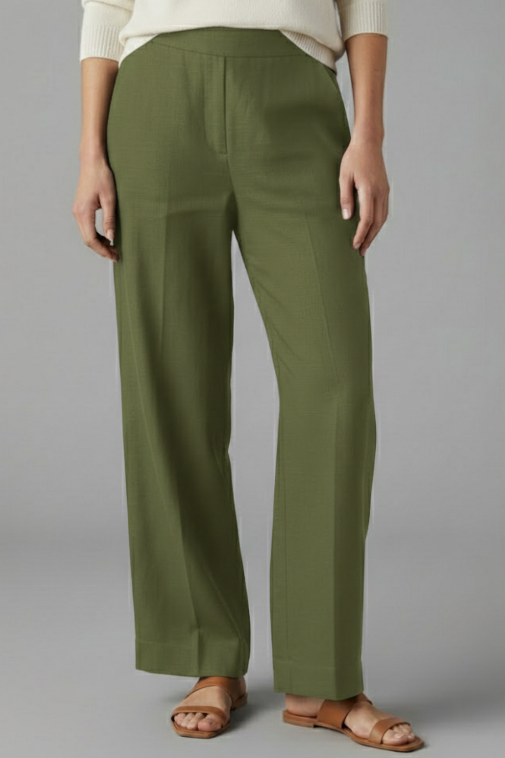 Detailed view of durable fabric and stitching on women's versatile straight leg pull-on trousers.