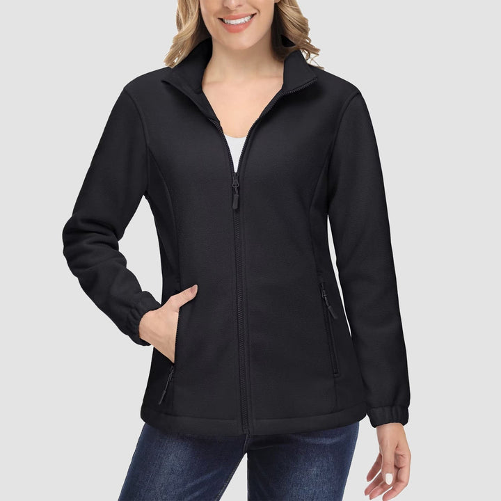 Close-up of a women's full-zip fleece jacket cuff, illustrating its soft and warm material