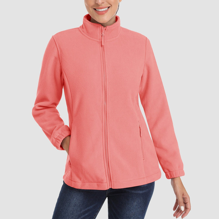 Soft pink women's full-zip fleece jacket, a warm and stylish outerwear piece for autumn