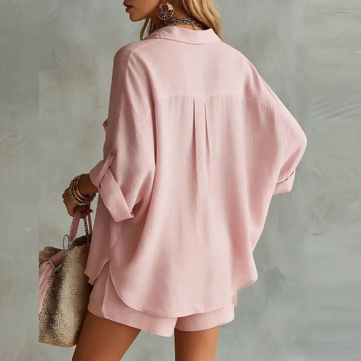 Breathable linen two-piece summer shorts set for women, perfect for relaxed resort wear.