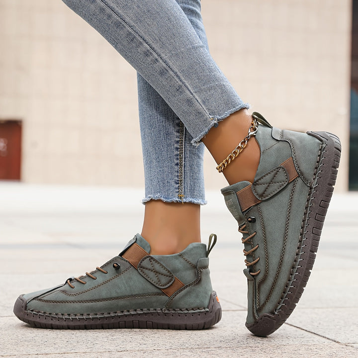 Beige women's orthopedic lace-up sneakers, comfortable casual walking shoes with arch support.