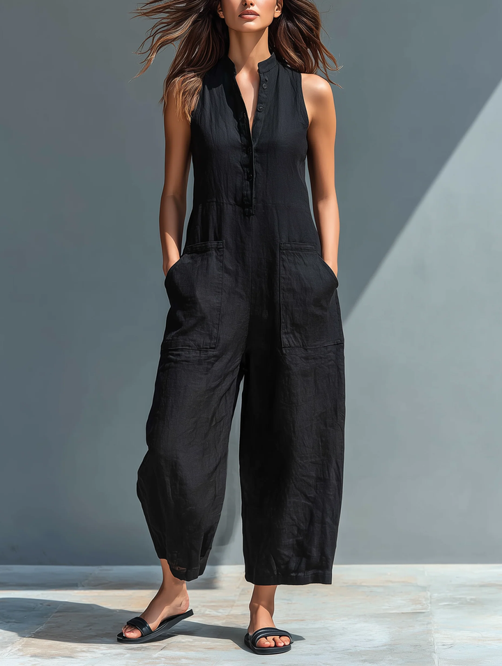 Women's comfortable sleeveless loose-fitting black jumpsuit for casual summer wear. Versatile & chic style.