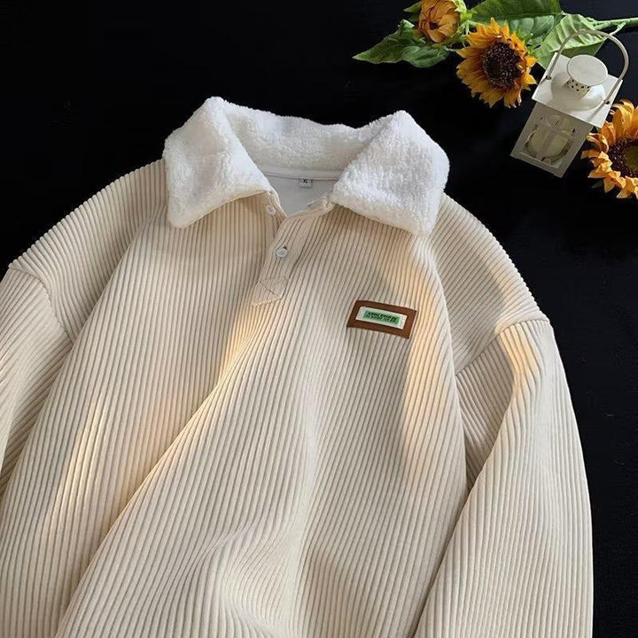 Ribbed long sleeve women's corduroy sweater featuring a stylish fleece collar, front view.