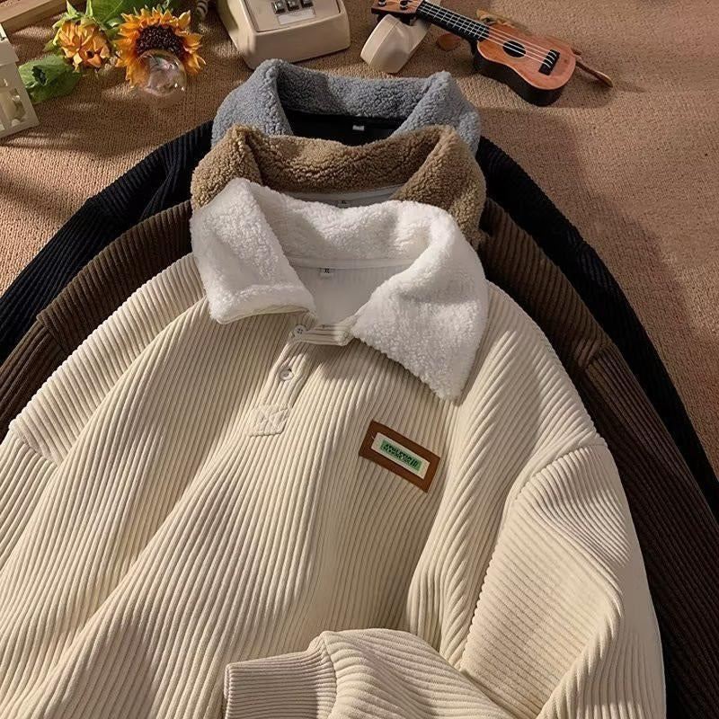 Casual women's winter sweater: a a warm corduroy polo with a soft fleece collar and ribbed cuffs.