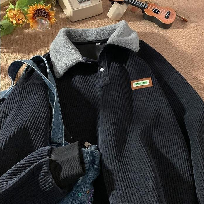 Stylish women's corduroy polo sweater with fleece collar, ideal for comfortable and chic cold weather.