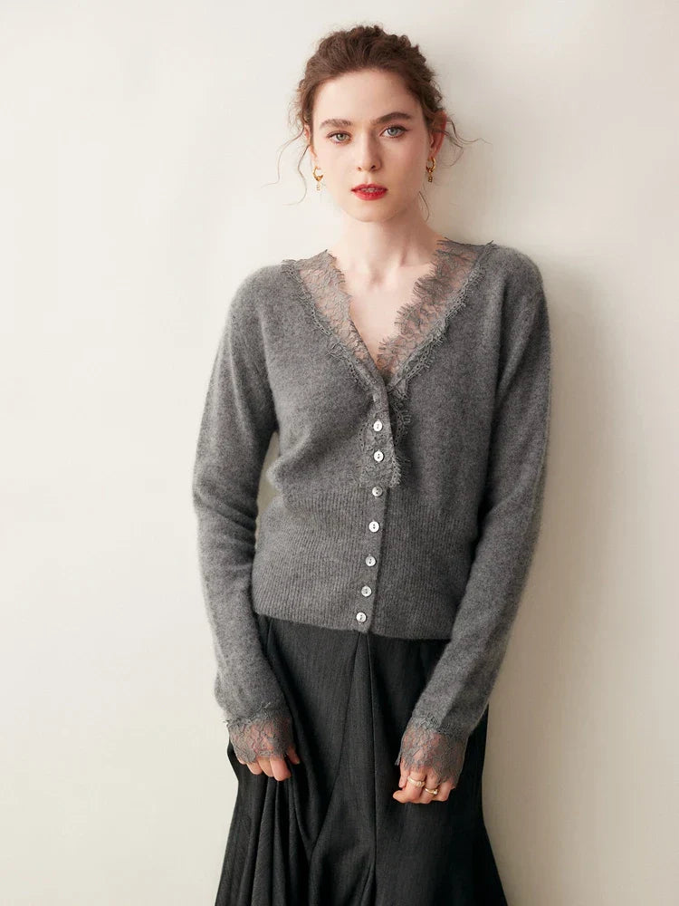 Full-length view of the women's cashmere cardigan, showcasing its elegant drape and soft knit.