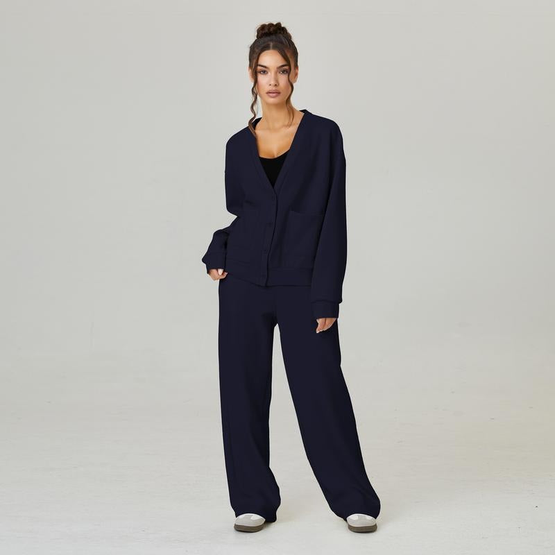 Relaxed fit women's knit cardigan and trouser set, ideal for cozy at-home casual wear.