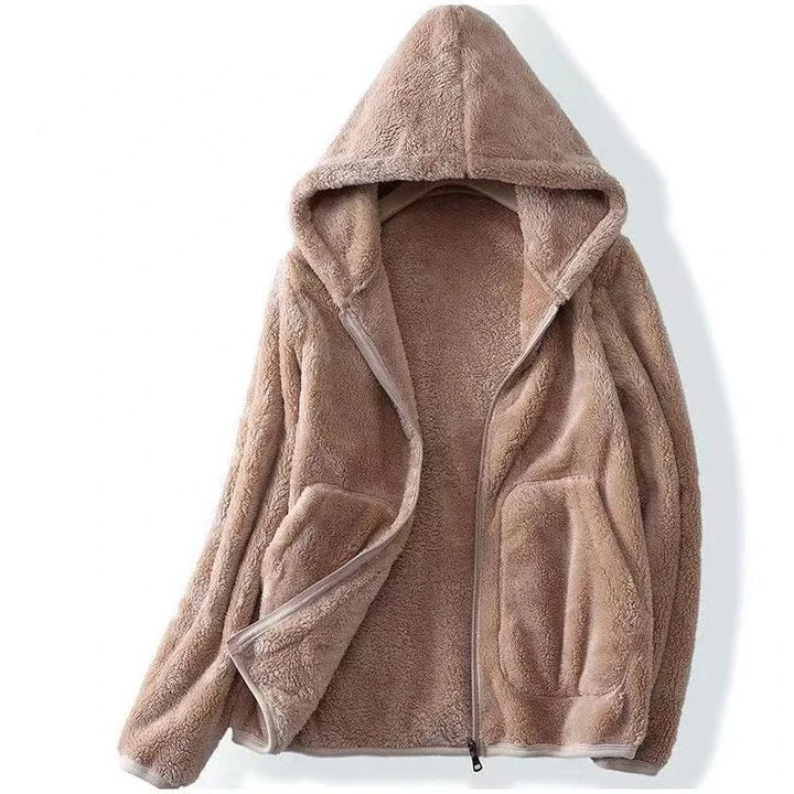 Casual women's hooded fleece cardigan, ideal layering piece for comfort and warmth.