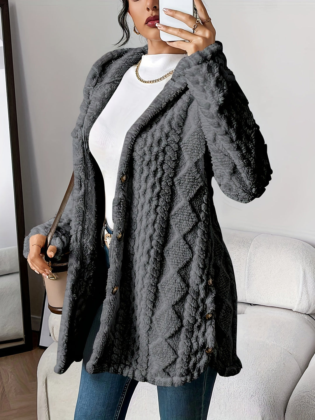 Cozy ladies hooded button coat. Relaxed fit outerwear, perfect for fall fashion and casual wear.