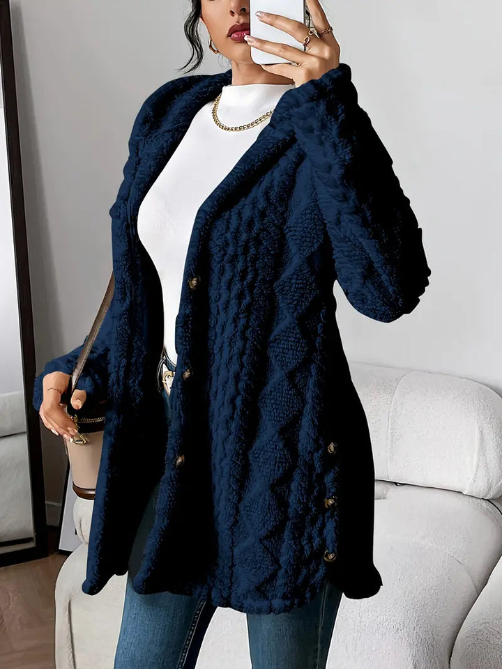 Women's everyday hooded button coat. Effortless, relaxed fit outerwear for fall and winter style.