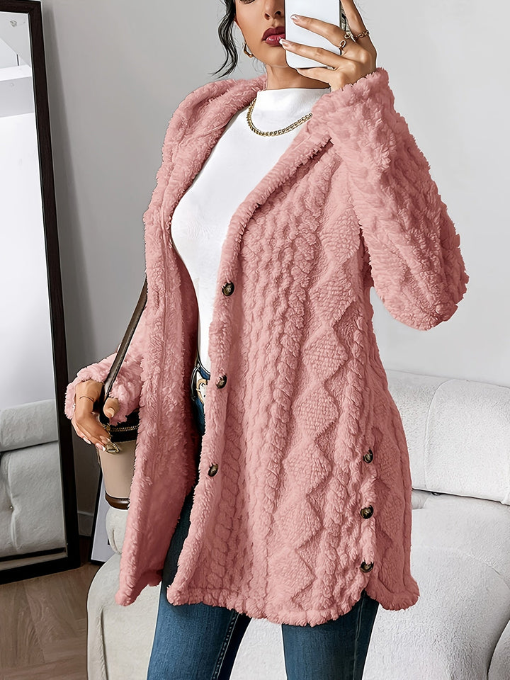 Stylish women's hooded button-front coat. Warm & cozy textured outerwear for chic fall fashion.