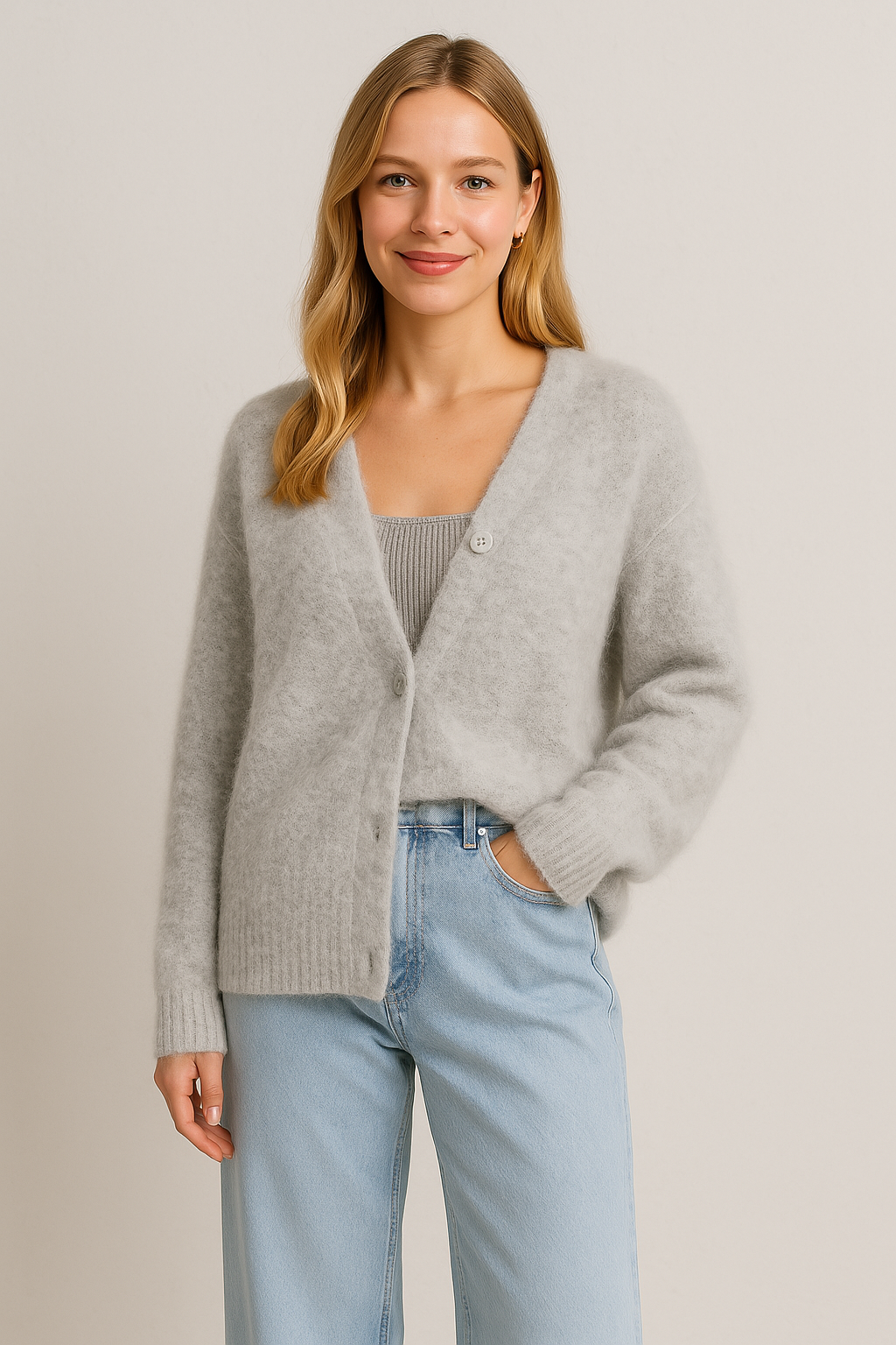 Women's oversized cardigan in a pastel pink, soft faux cashmere, adding a pop of color