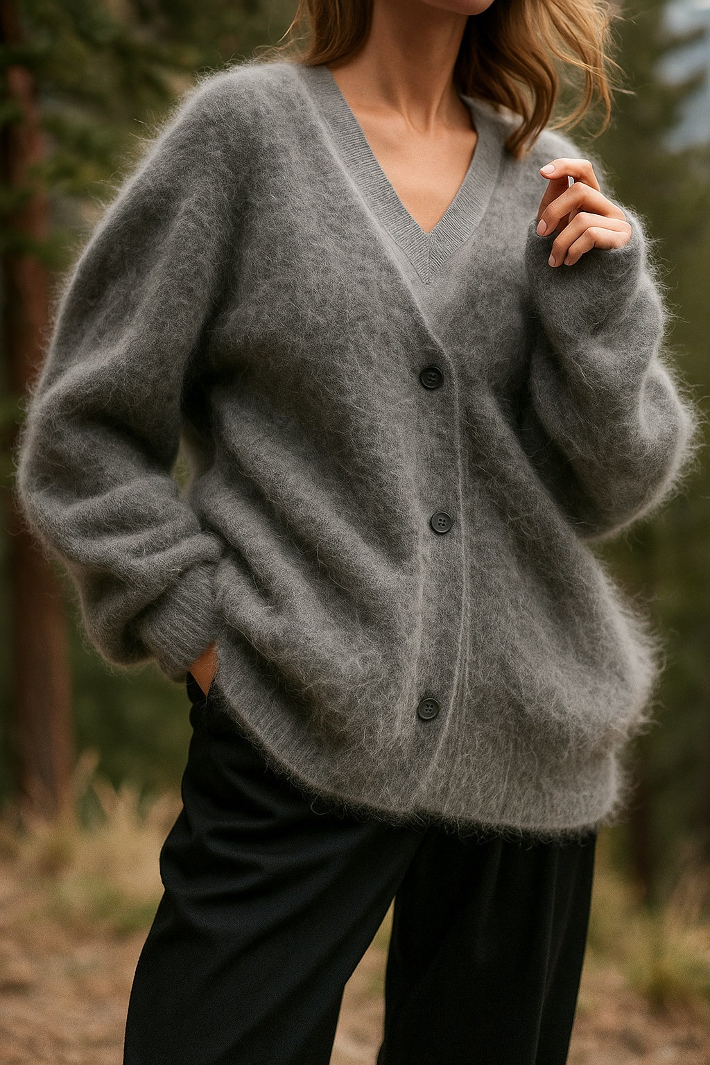 Close-up of the relaxed collar of the women's cozy knit oversized sweater, comfortable fit